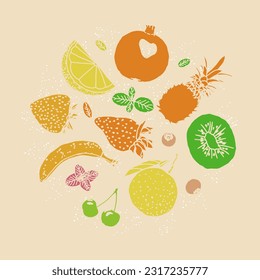 Fruit illustration sketch style retro colors circle composition vector