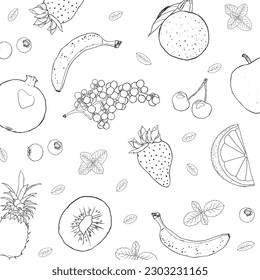 Fruit illustration sketch style square flat lay