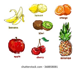 fruit illustration Sketch vector art. Banana, orange, kiwi, pineapple, lemon, cherry illustration