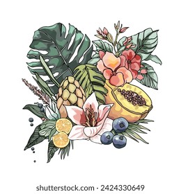 Fruit illustration. Tropical flowers and fruits. Lemon flowers and papaya isolated composition
