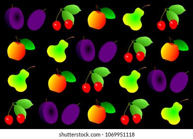 Fruit illustration - vector pattern, cherry, plum, apple and pear,