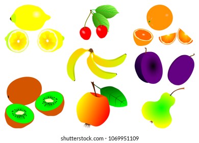 Fruit illustration - vector set, lemon, cherry, orange, banana, plum, kiwi, apple and pear,