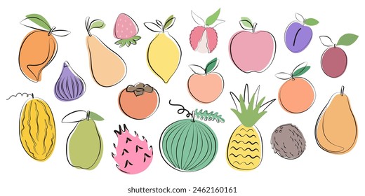 Frucht-Illustrationen in flachem Design. Großes Obstset für Aufkleber im einfachen Stil. 
