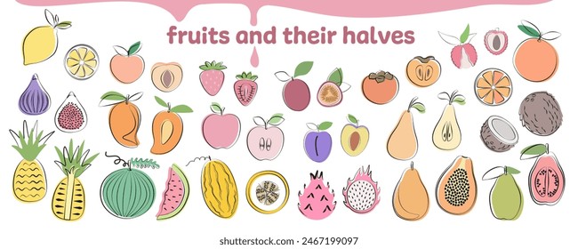 Fruit illustrations set in flat design. Big set of fruit for stickers in simple style. 
