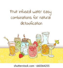 Fruit infused water easy combinations for natural detoxification. Vector illustration