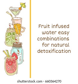 Fruit infused water easy combinations for natural detoxification. Vector illustration