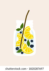 Fruit infused water lemon, blueberry and mint in mason jar mugs with brown straw element Vector Illustration web. Fruit and vegetable in a water for Detox and refreshment drink.