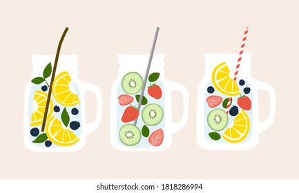 Agua impregnada de fruta en jarros de albañil con varietas de paja colección de elementos Vector Ilustración web. Frutas y verduras en el agua de Detox y refrescos.