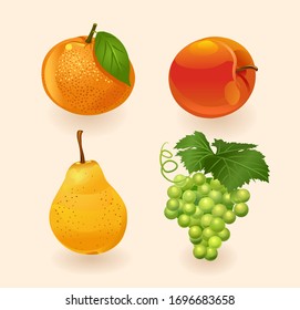 Fruta aislada en un fondo claro.
Naranja, Melocotón, Peras