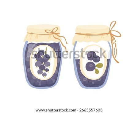 Fruit jam flat vector illustration set. Homemade berries preserves or jam isolated on white background. For cute presentation, graphic design, card and invitation. 