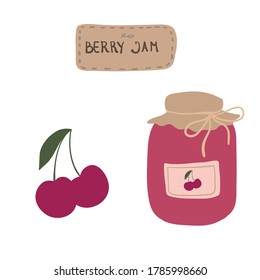 Fruit jam glass jar vector hand drawing. Jell and marmalad cherry. Food illustration. Sketch vintage objects for label, icon, packaging.