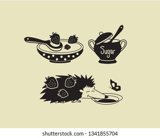 Fruit jam and hedgehog icons set. Vector image