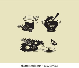 Fruit jam and hedgehog icons set. Vector image