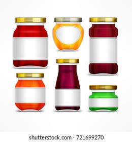 Fruit jam jars with label, natural marmalade and honey preserve on white. Vector illustration.