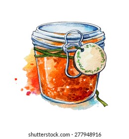 Fruit Jam. Mason Jar. Watercolor. Hand Painted.