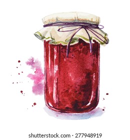 Fruit Jam. Mason Jar. Watercolor. Hand Painted.