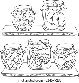 Fruit jam on the wood shelf in a pantry. Coloring book page in doodle style. Hand draw.