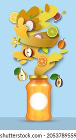 Fruit jam packaging glass jar, paper cut craft style fresh plum, apricot, apple, pear, citrus fruits, liquid splashes and drops, vector illustration. Healthy fruit preserves.