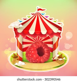 Fruit jam poster raspberries, sweets emblem, specialized agricultural fair, vector illustration background for making design of sweets, jam jar, a juice pack etc