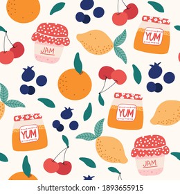 Fruit jam seamless vector pattern. Repeating pattern with fruits, berries and preserve jars. Trendy hand-drawn vector pattern design. Seamless texture for web, textile and stationery.