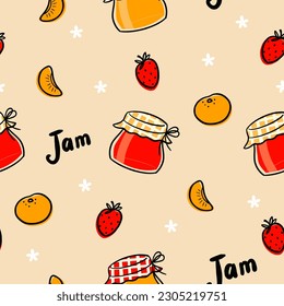 Fruit jam seamless vector pattern. Jam with mandarin oranges, strawberry in vintage style. Colorful vector illustration