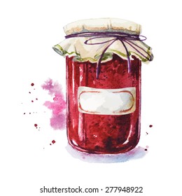 Fruit Jam With A Sticker. Mason Jar. Watercolor. Hand Painted.