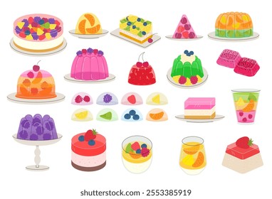 Fruit in jellies. Fresh dessert fresh juicy fruits in jellies candy puddings and piece of cakes recent vector stylized illustrations