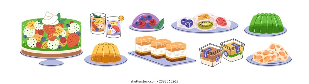 Fruit jellies set. Gelatin desserts, jello cake and pieces on plates. Sweet food with berries. Fresh dishes, orange and apple juicy puddings. Flat vector illustrations isolated on white background.