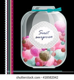 Fruit jelly candies in a glass container.