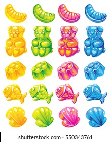 fruit jelly candies. Vector set of colored sweets.