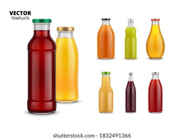 Fruit juice bottle set. Isolated orange, pomegranate fruit juice glass bottles icons. Healthy natural drink package with label design collection. Fresh juice product vector illustration