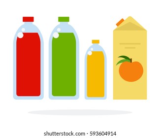 Fruit juice in bottles and paper box vector flat material design isolated on white