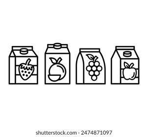 fruit juice box package icons vector design simple line black white color flat illustration sets