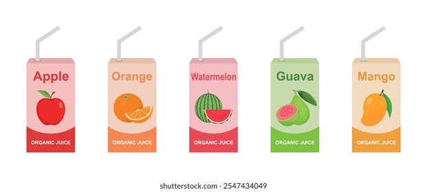 Fruit juice box set. Apple, Orange, Watermelon, Guava and Mango juice box designs. Organic juices vector illustration.