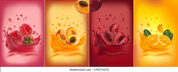 Fruit juice, cherry, raspberry, orange, apricot. 3D realistic fruit and splashes. Organic product. Vector illustration.