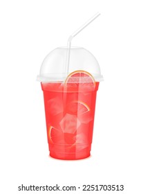 Fruit juice in clear plastic transparent cup and ice with sphere dome cap, straw tube. Fresh cara cara navel juice for design drink menu cafe or restaurants. Isolated on white background. 3D vector.