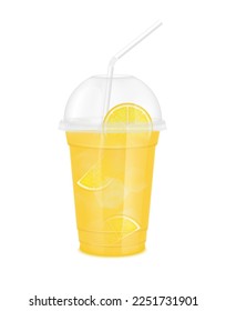 Fruit juice in clear plastic transparent cup and ice with sphere dome cap, straw tube. Fresh lemon juice for design drink menu cafe or restaurants. Isolated on white background. 3D Realistic vector.