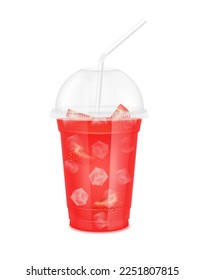 Zumo de fruta en taza transparente transparente de plástico transparente y hielo con tapa de domo de esfera, tubo de paja. Zumo de fresa para el diseño de bebidas a la carta café o restaurantes. Aislado sobre fondo blanco. vector 3D.
