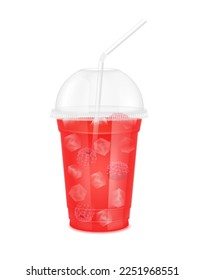 Fruit juice in clear plastic transparent cup and ice with sphere dome cap, straw tube. Fresh raspberry juice for design drink menu cafe or restaurants. Isolated on white background. 3D vector.