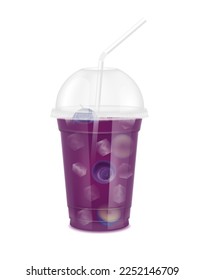 Fruit juice in clear plastic transparent cup and ice with sphere dome cap, straw tube. Fresh blueberry juice for design drink menu cafe or restaurants. Isolated on white background. 3D vector.