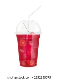 Fruit juice in clear plastic transparent cup and ice with sphere dome cap and straw tube. Fresh cherry juice for design drink menu cafe or restaurants. Isolated on white background. 3D vector.