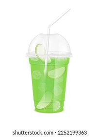 Fruit juice in clear plastic transparent cup and ice with sphere dome cap, straw tube. Fresh green apple juice for design drink menu cafe or restaurants. Isolated 3D realistic vector.