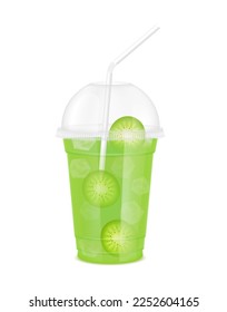 Zumo de fruta en taza transparente transparente de plástico transparente y hielo con tapa de domo de esfera, tubo de paja. Zumo de kiwi fresco para el diseño de bebidas a la carta cafetería o restaurantes. Vector 3D realista aislado.