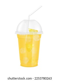 Fruit juice in clear plastic transparent cup, ice with sphere dome cap, straw tube. Fresh juice pineapple for design drink menu cafe or restaurants. Isolated on white background. 3D Realistic vector.