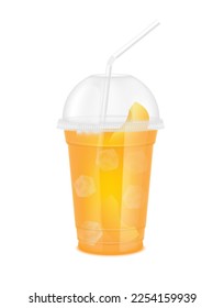 Fruit juice in clear plastic transparent cup and ice with sphere dome cap, straw tube. Fresh juice peach for design drink menu cafe or restaurants. Isolated on white background. 3D Realistic vector.