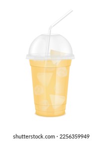 Fruit juice in clear plastic transparent cup and ice with sphere dome cap, straw tube. Fresh juice pear for design drink menu cafe or restaurants. Isolated on white background. 3D Realistic vector.