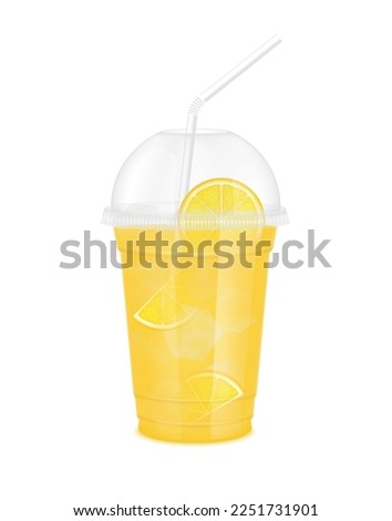 Fruit juice in clear plastic transparent cup and ice with sphere dome cap, straw tube. Fresh lemon juice for design drink menu cafe or restaurants. Isolated on white background. 3D Realistic vector.