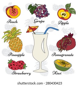 Fruit Juice cocktails menu.Illustration of fruits.