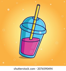 Fruit juice cup with a straw illustration. Yummy soft drink. Transparent plastic juice cup with a straw. Energy drink bottle. Hand-drawn sticker, Logo, or icon. Vector traced cartoonish graphic design
