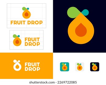 Fruit juice drop logo. Orange drop and letters on a circle. Logo for organic beverages or detox. Identity, web buttons.